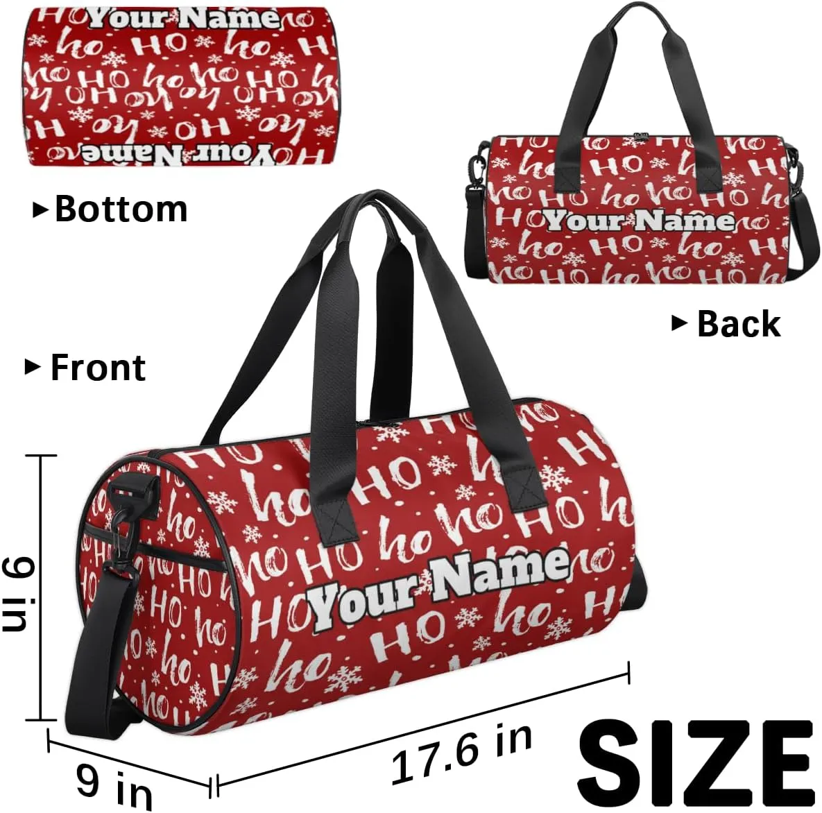 Custom Gym Bag for Women Men with Name, Personalized Merry Christmas Duffel Bag for Sports, Waterproof Dance Bag, Lightweight Carryon Gym Bag, snowflake Ho