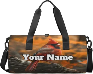 Custom Gym Bag for Women Men with Name, Personalized Red Bird Duffel Bag for Sports, Waterproof Dance Bag, Lightweight Carryon Gym Bag, Autumn Theme