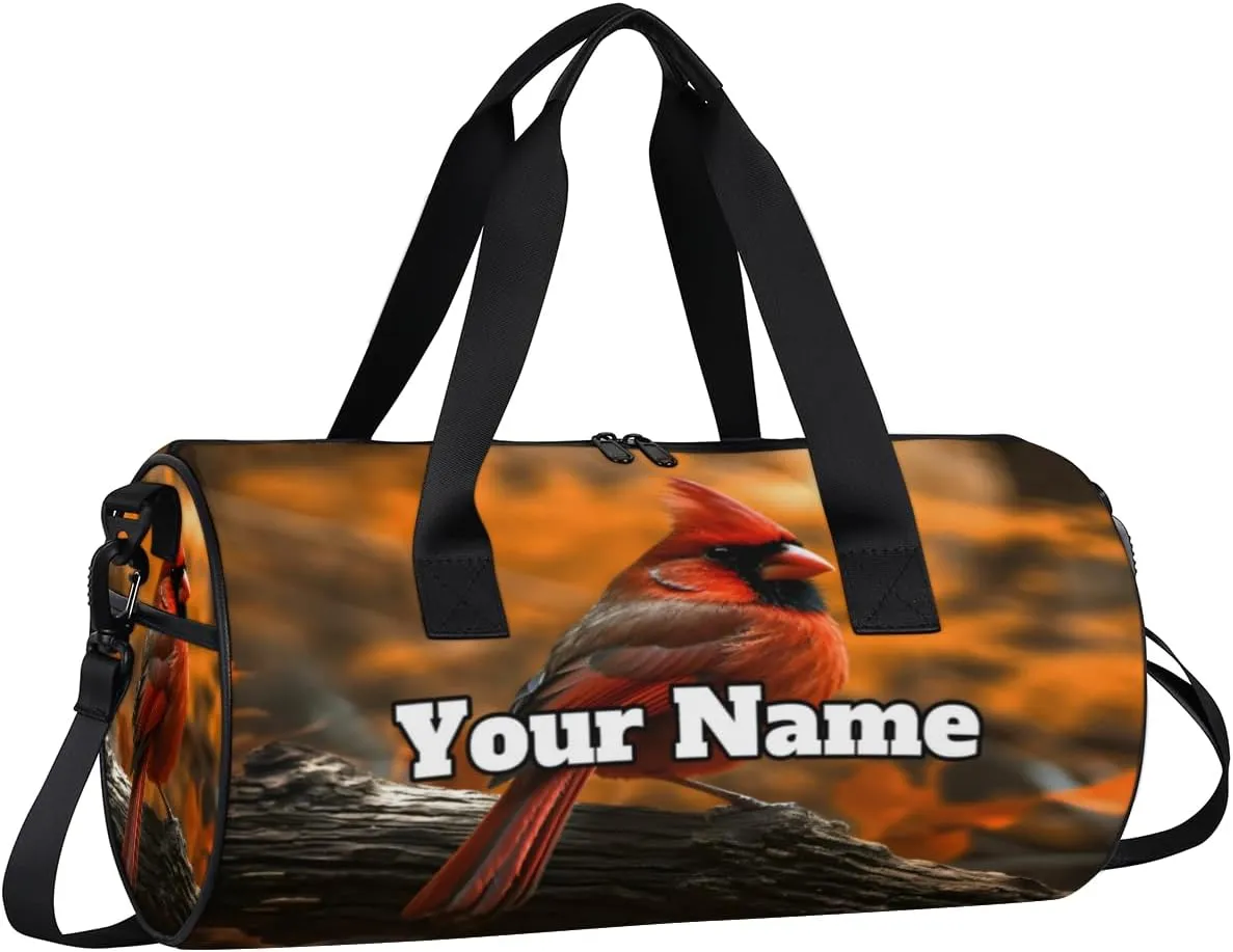 Custom Gym Bag for Women Men with Name, Personalized Red Bird Duffel Bag for Sports, Waterproof Dance Bag, Lightweight Carryon Gym Bag, Autumn Theme
