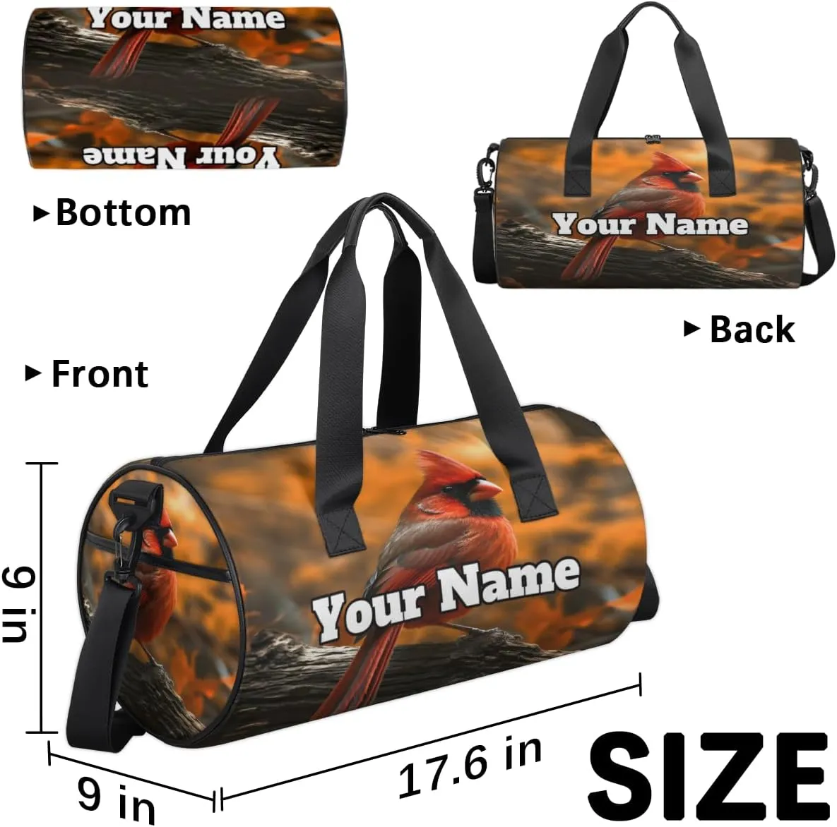 Custom Gym Bag for Women Men with Name, Personalized Red Bird Duffel Bag for Sports, Waterproof Dance Bag, Lightweight Carryon Gym Bag, Autumn Theme