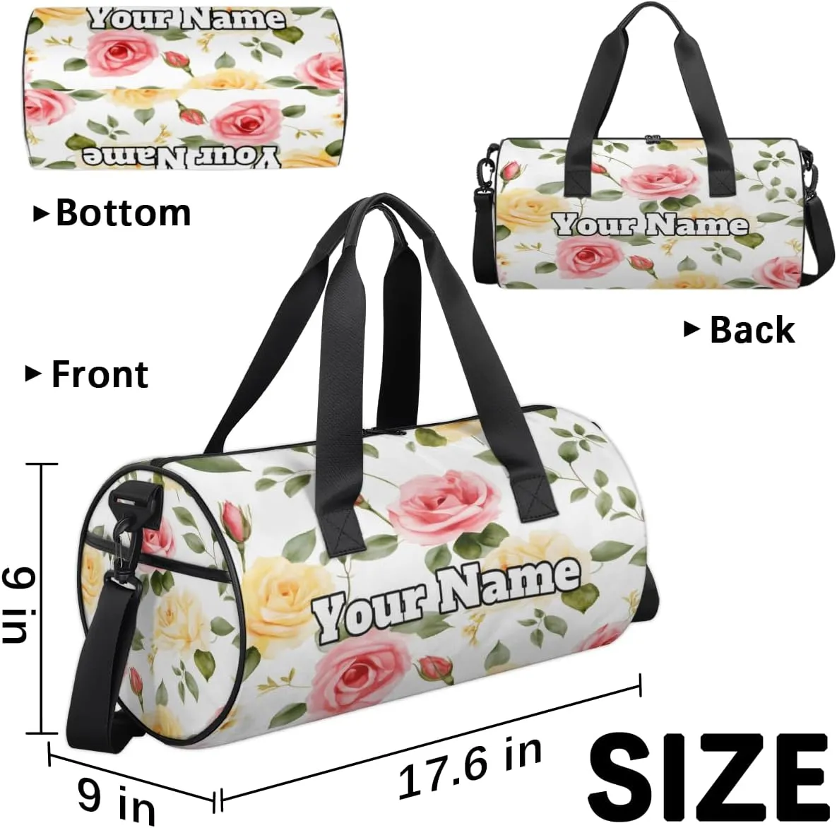 Custom Gym Bag for Women Men with Name, Personalized Red Rose Duffel Bag for Sports, Waterproof Dance Bag, Lightweight Carryon Gym Bag, Summer Floral