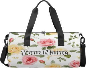 Custom Gym Bag for Women Men with Name, Personalized Red Rose Duffel Bag for Sports, Waterproof Dance Bag, Lightweight Carryon Gym Bag, Summer Floral