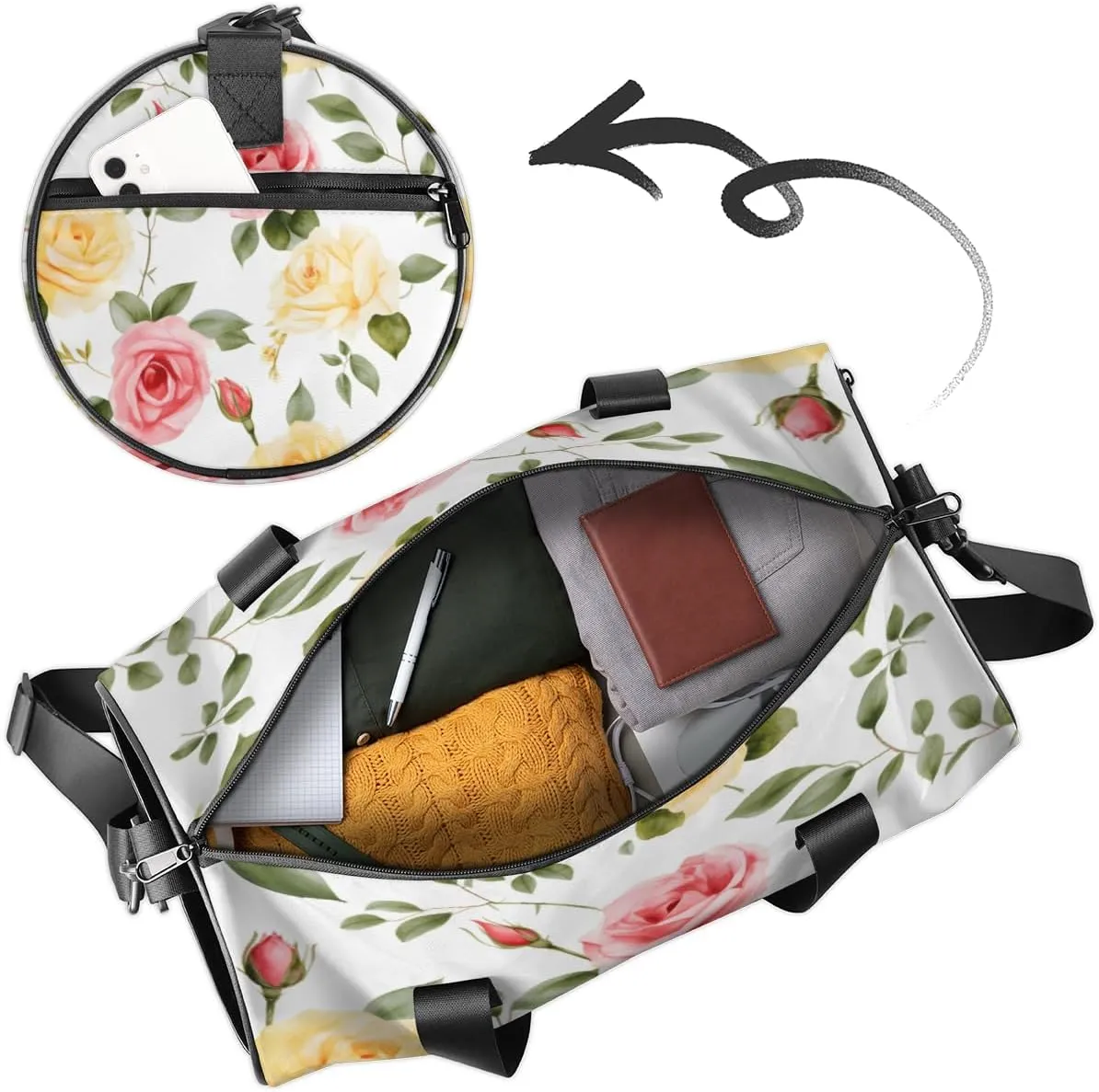 Custom Gym Bag for Women Men with Name, Personalized Red Rose Duffel Bag for Sports, Waterproof Dance Bag, Lightweight Carryon Gym Bag, Summer Floral