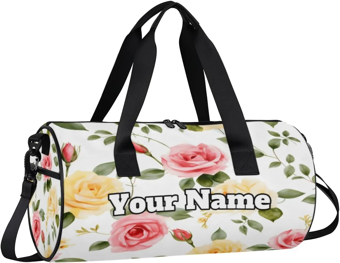 Custom Gym Bag for Women Men with Name, Personalized Red Rose Duffel Bag for Sports, Waterproof Dance Bag, Lightweight Carryon Gym Bag, Summer Floral