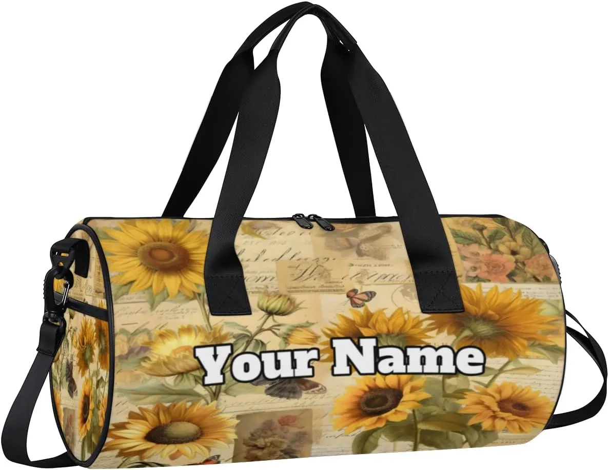 Custom Gym Bag for Women Men with Name, Personalized Retro Sunflower Duffel Bag for Sports, Waterproof Dance Bag, Lightweight Carryon Gym Bag, Sunflowers