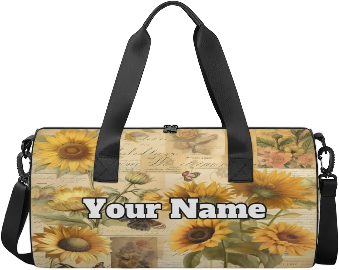 Custom Gym Bag for Women Men with Name, Personalized Retro Sunflower Duffel Bag for Sports, Waterproof Dance Bag, Lightweight Carryon Gym Bag, Sunflowers