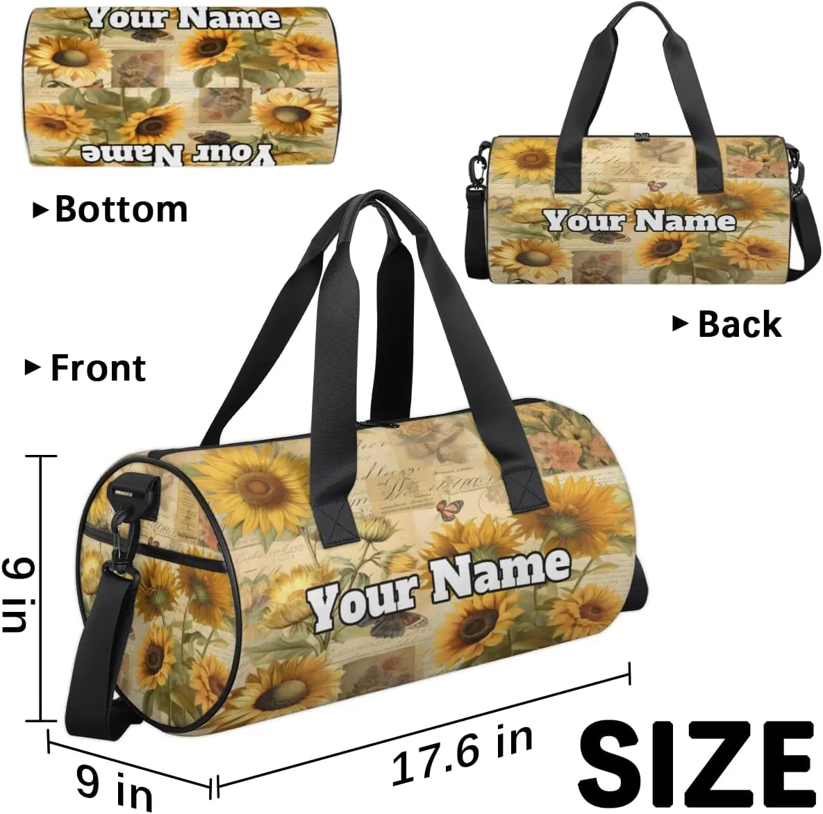 Custom Gym Bag for Women Men with Name, Personalized Retro Sunflower Duffel Bag for Sports, Waterproof Dance Bag, Lightweight Carryon Gym Bag, Sunflowers