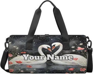 Custom Gym Bag for Women Men with Name, Personalized Swan Print Duffel Bag for Sports, Waterproof Dance Bag, Lightweight Carryon Gym Bag, Valentine's Day