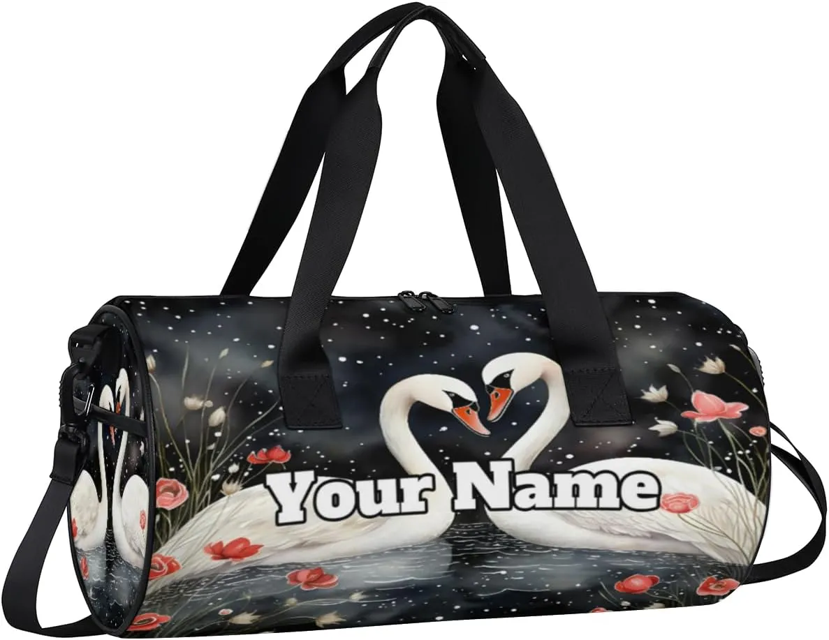 Custom Gym Bag for Women Men with Name, Personalized Swan Print Duffel Bag for Sports, Waterproof Dance Bag, Lightweight Carryon Gym Bag, Valentine's Day