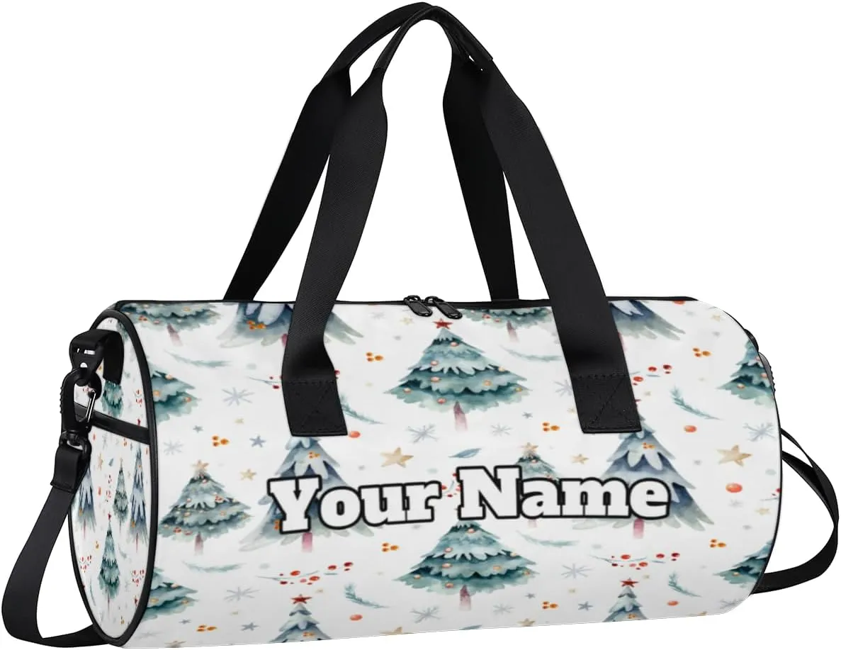 Custom Gym Bag for Women Men with Name, Personalized Winter Pine Tree Duffel Bag for Sports, Waterproof Dance Bag, Lightweight Carryon Gym Bag, Christmas