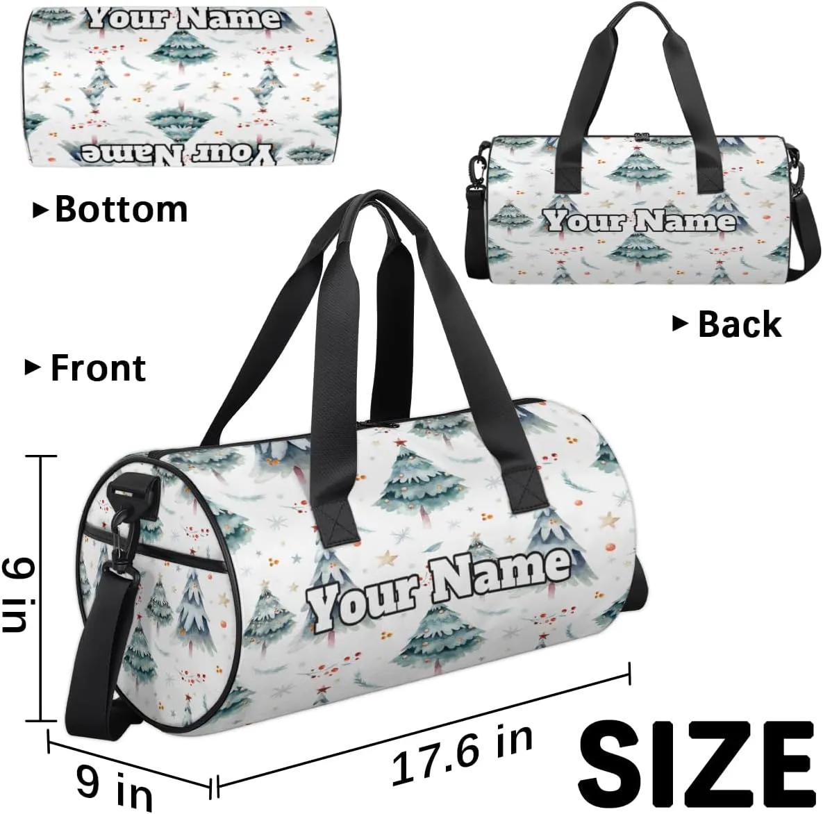 Custom Gym Bag for Women Men with Name, Personalized Winter Pine Tree Duffel Bag for Sports, Waterproof Dance Bag, Lightweight Carryon Gym Bag, Christmas
