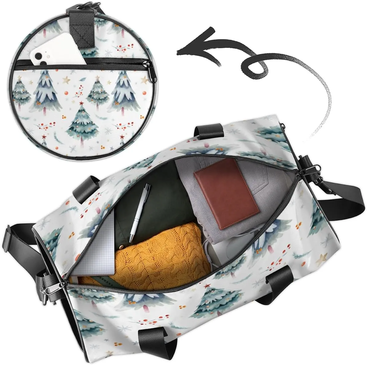 Custom Gym Bag for Women Men with Name, Personalized Winter Pine Tree Duffel Bag for Sports, Waterproof Dance Bag, Lightweight Carryon Gym Bag, Christmas
