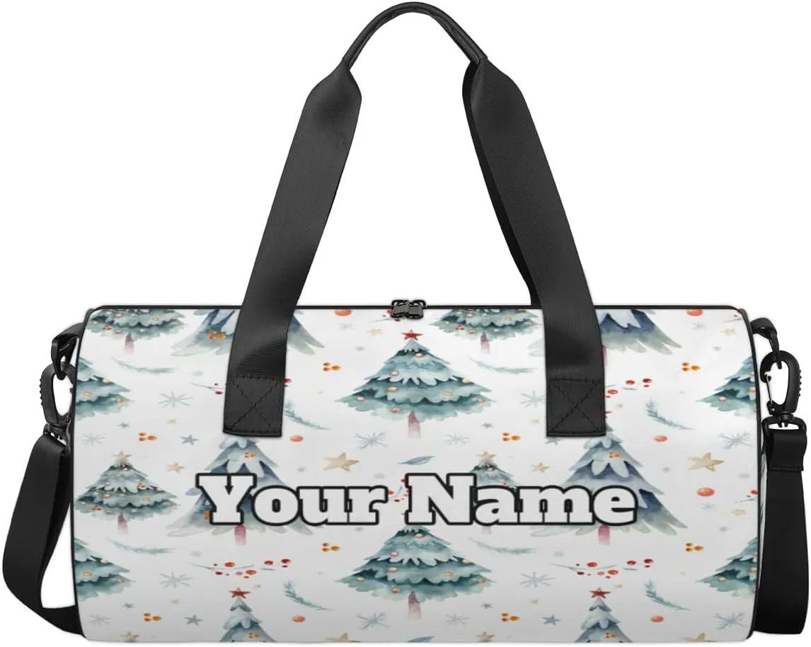 Custom Gym Bag for Women Men with Name, Personalized Winter Pine Tree Duffel Bag for Sports, Waterproof Dance Bag, Lightweight Carryon Gym Bag, Christmas