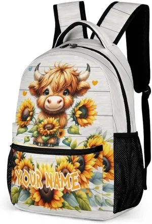 Custom Highland Cow Backpack for Kids Girls Boys School, 16 Inches Cute Highland Cow Theme Bookbag, Adjustable, Lightweight, Large Capacity, Colorful Backpack for School