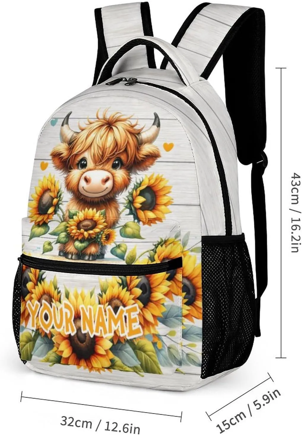 Custom Highland Cow Backpack for Kids Girls Boys School, 16 Inches Cute Highland Cow Theme Bookbag, Adjustable, Lightweight, Large Capacity, Colorful Backpack for School