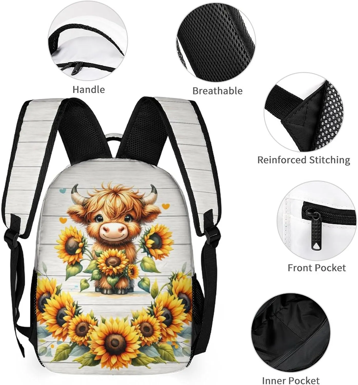 Custom Highland Cow Backpack for Kids Girls Boys School, 16 Inches Cute Highland Cow Theme Bookbag, Adjustable, Lightweight, Large Capacity, Colorful Backpack for School