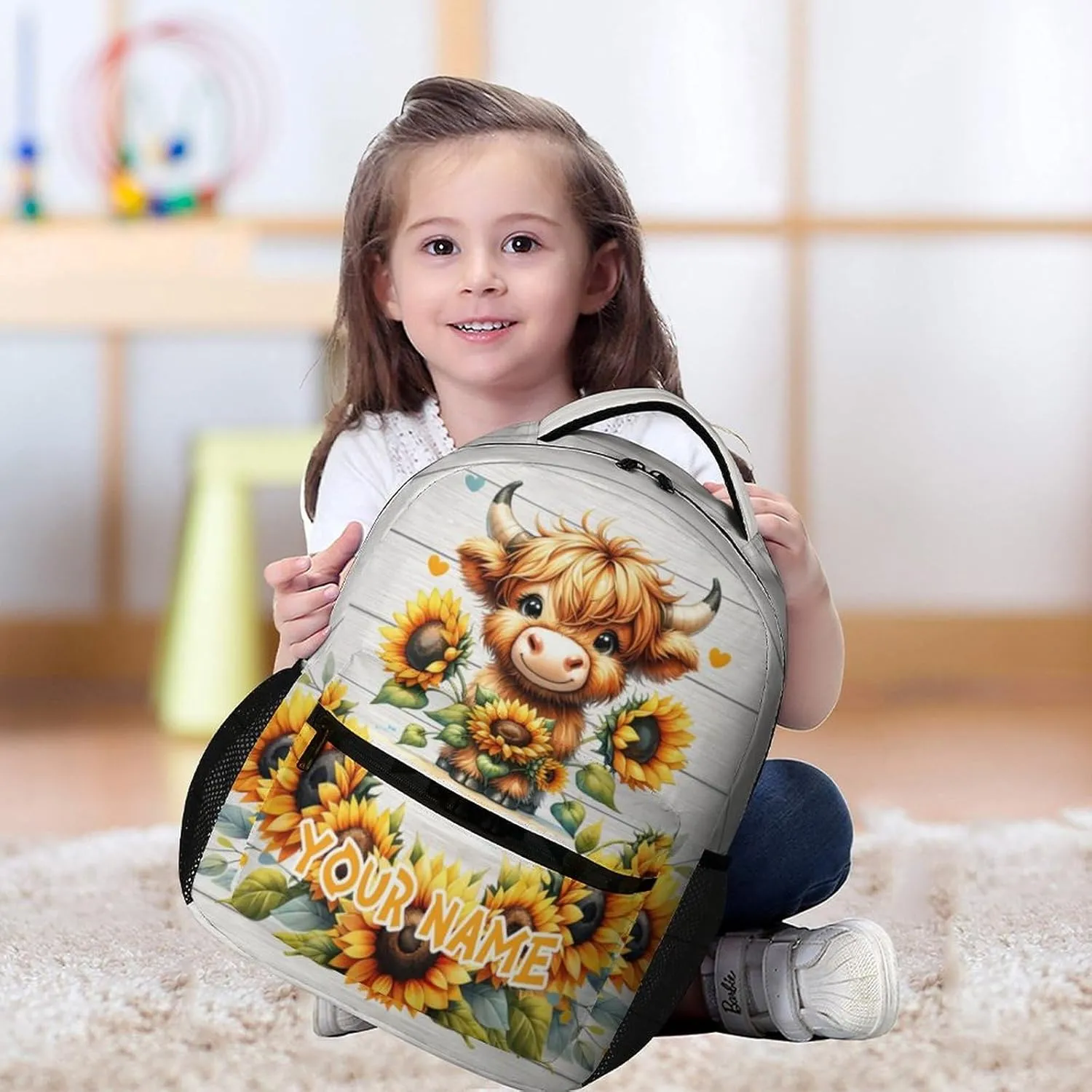 Custom Highland Cow Backpack for Kids Girls Boys School, 16 Inches Cute Highland Cow Theme Bookbag, Adjustable, Lightweight, Large Capacity, Colorful Backpack for School