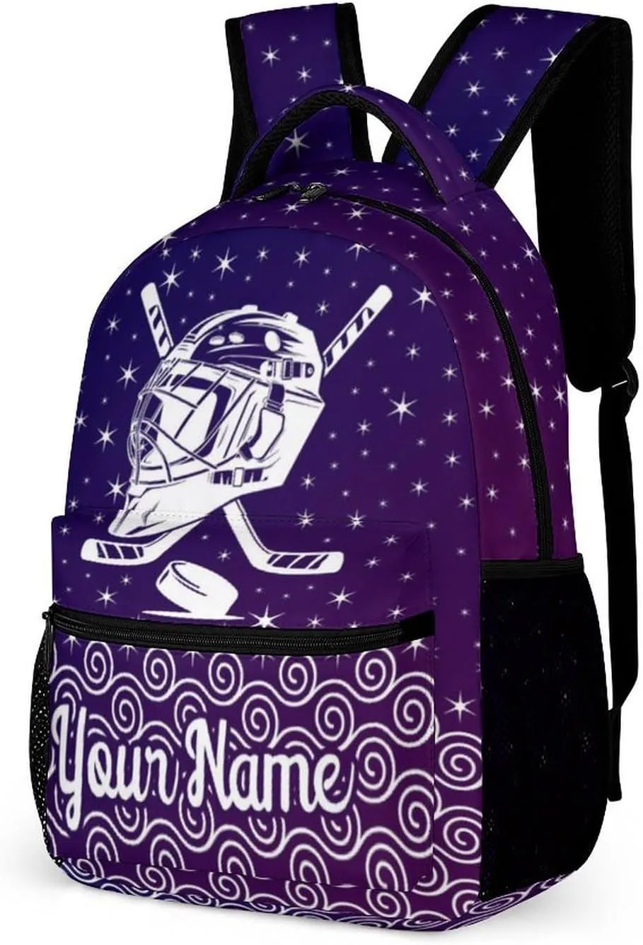 Custom Hockey Backpack for Kids Girls Boys School, 16 Inches Cool Hockey Ball Theme Bookbag, Adjustable, Lightweight, Large Capacity, Colorful Daily Casual Purple Backpacks