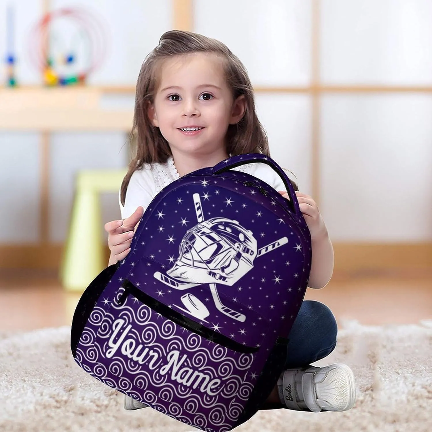 Custom Hockey Backpack for Kids Girls Boys School, 16 Inches Cool Hockey Ball Theme Bookbag, Adjustable, Lightweight, Large Capacity, Colorful Daily Casual Purple Backpacks