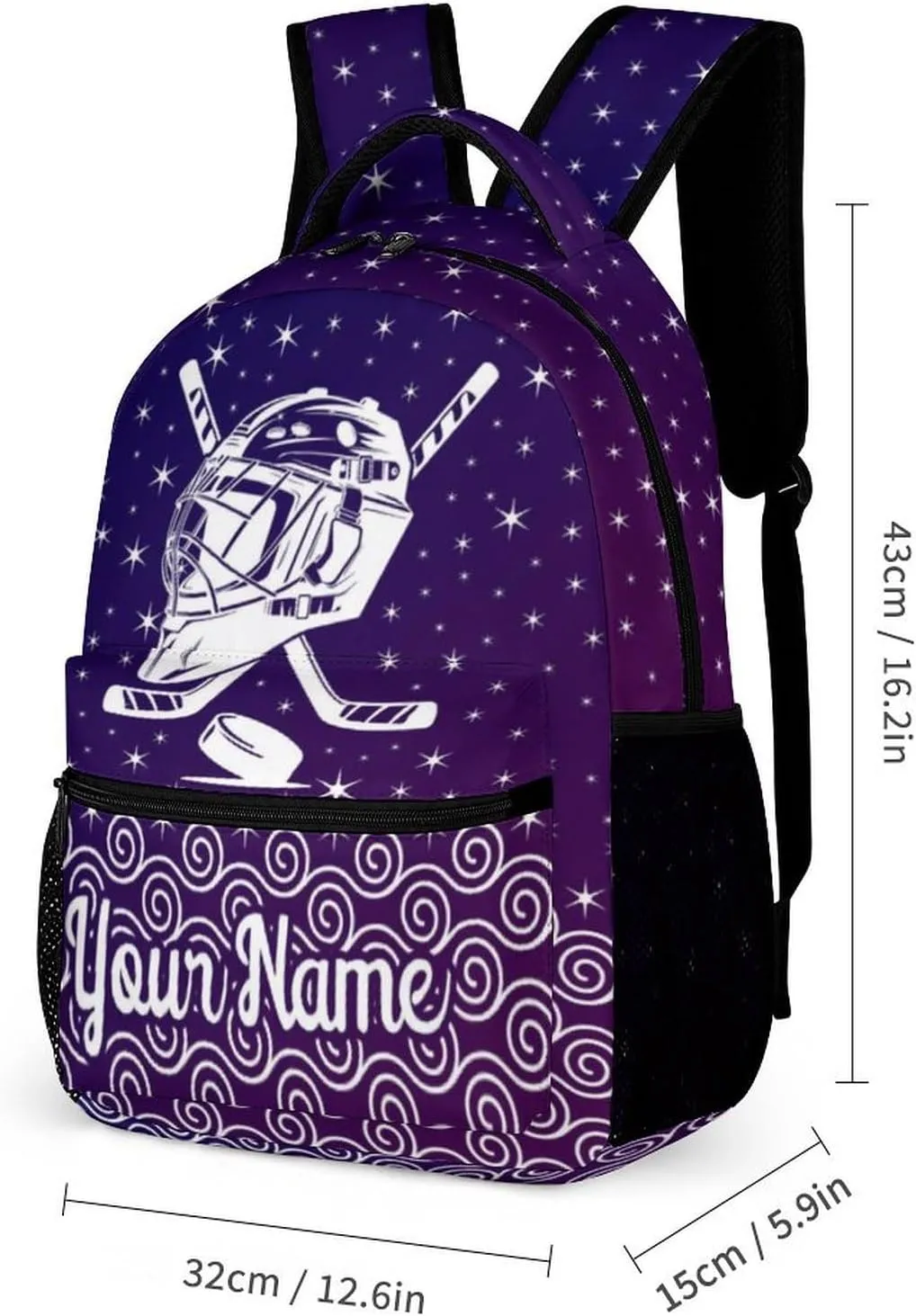Custom Hockey Backpack for Kids Girls Boys School, 16 Inches Cool Hockey Ball Theme Bookbag, Adjustable, Lightweight, Large Capacity, Colorful Daily Casual Purple Backpacks