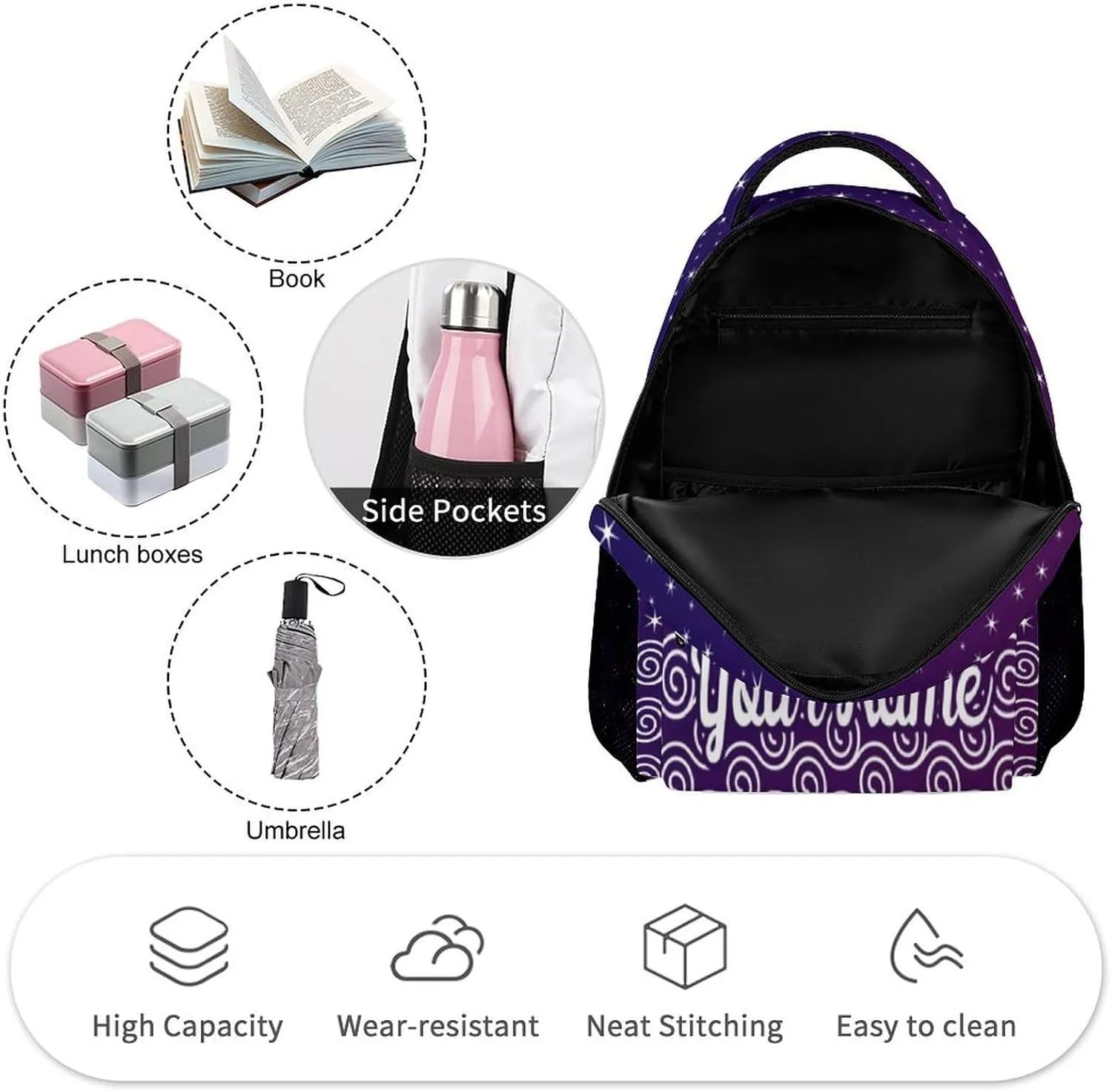 Custom Hockey Backpack for Kids Girls Boys School, 16 Inches Cool Hockey Ball Theme Bookbag, Adjustable, Lightweight, Large Capacity, Colorful Daily Casual Purple Backpacks