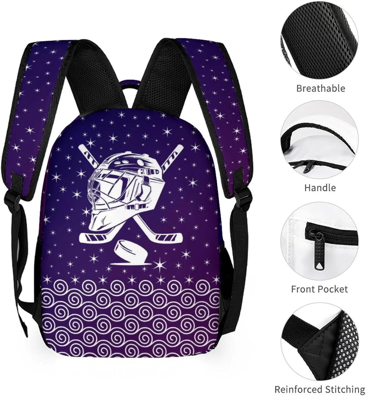 Custom Hockey Backpack for Kids Girls Boys School, 16 Inches Cool Hockey Ball Theme Bookbag, Adjustable, Lightweight, Large Capacity, Colorful Daily Casual Purple Backpacks