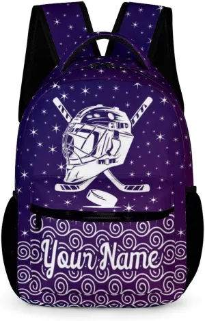 Custom Hockey Backpack for Kids Girls Boys School, 16 Inches Cool Hockey Ball Theme Bookbag, Adjustable, Lightweight, Large Capacity, Colorful Daily Casual Purple Backpacks