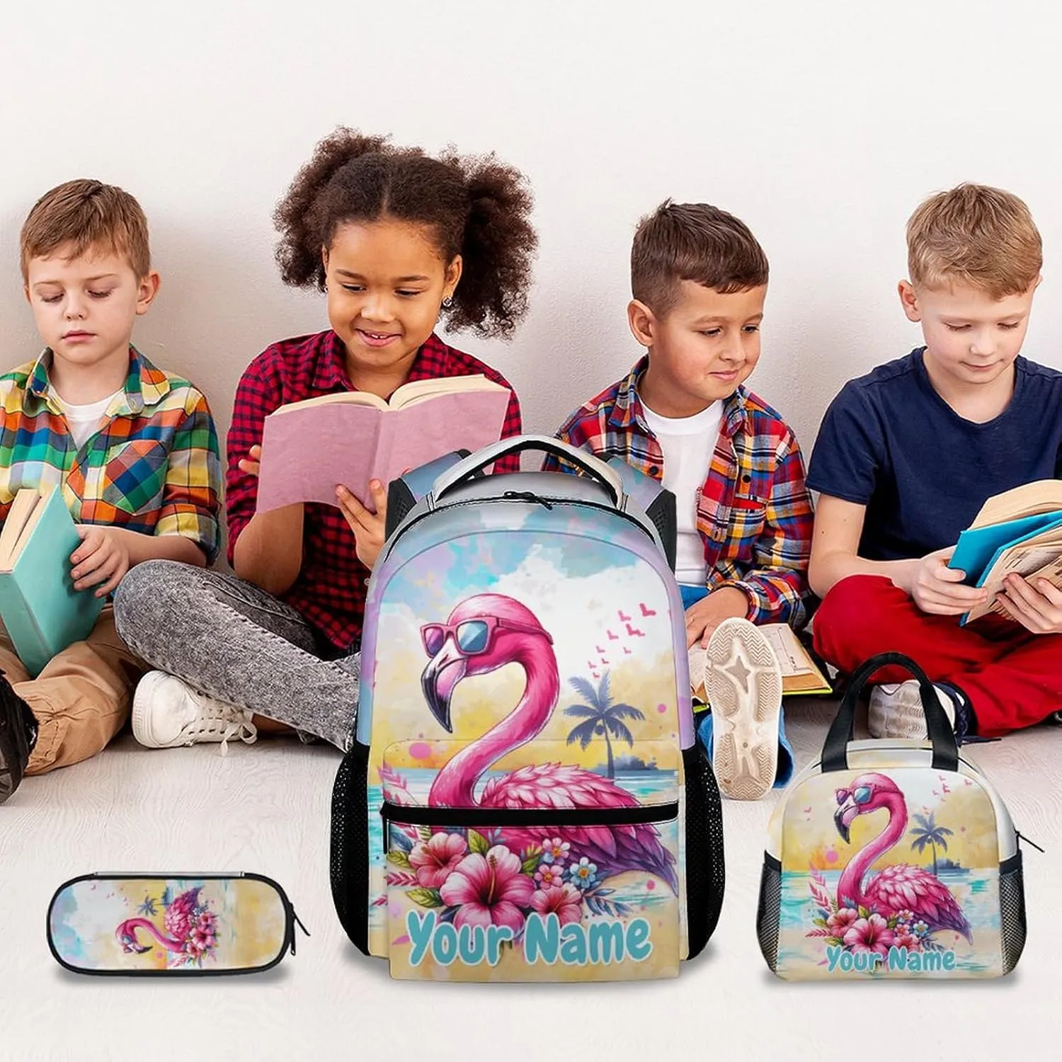 Custom Kid Backpack with Lunch Bag Set for Girls - 3 in 1 Primary Middle School Backpacks Matching Combo - Large Capacity, Durable, Colorful Flamingo Bookbag and Pencil Case Bundle