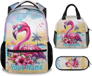 Custom Kid Backpack with Lunch Bag Set for Girls - 3 in 1 Primary Middle School Backpacks Matching Combo - Large Capacity, Durable, Colorful Flamingo Bookbag and Pencil Case Bundle