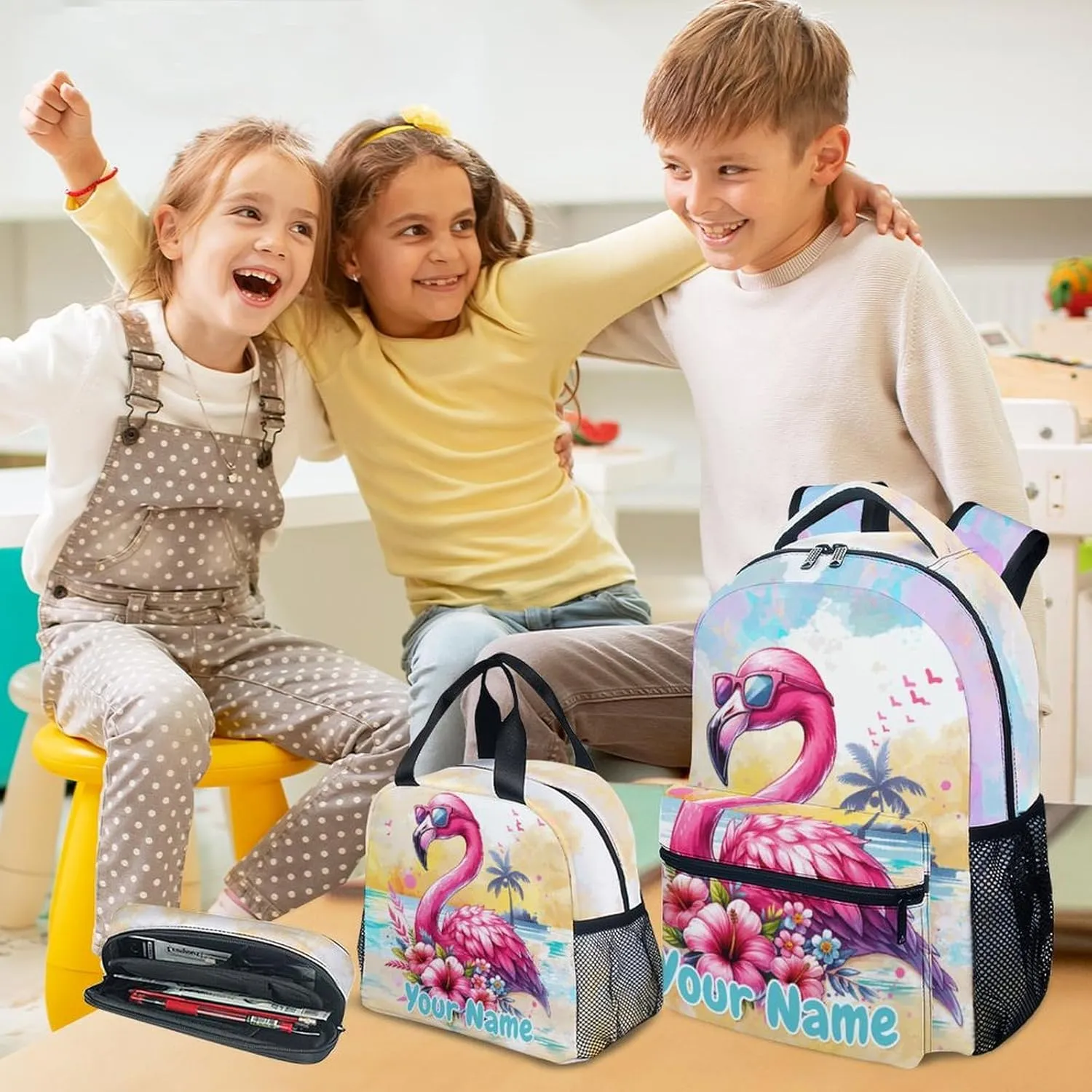 Custom Kid Backpack with Lunch Bag Set for Girls - 3 in 1 Primary Middle School Backpacks Matching Combo - Large Capacity, Durable, Colorful Flamingo Bookbag and Pencil Case Bundle