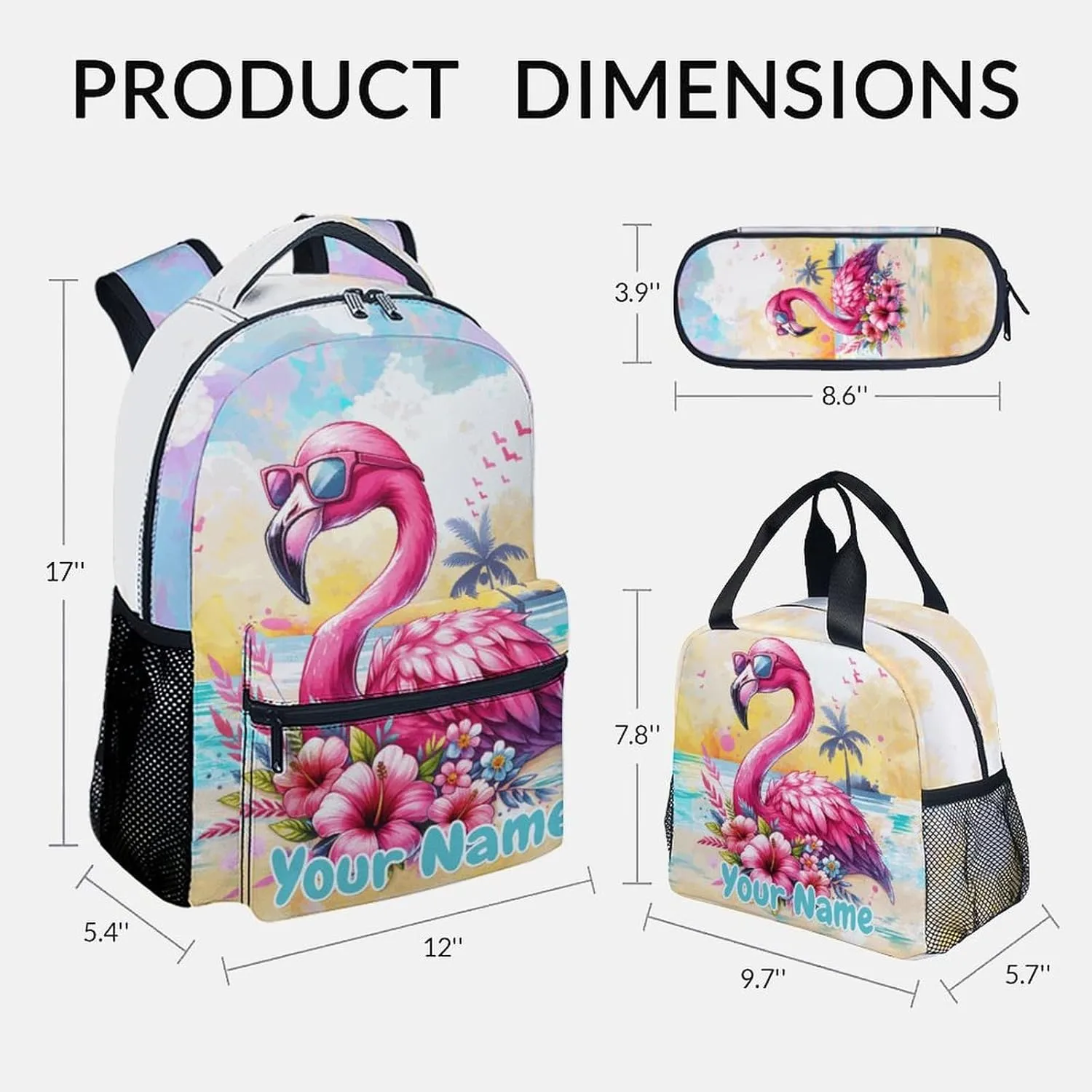 Custom Kid Backpack with Lunch Bag Set for Girls - 3 in 1 Primary Middle School Backpacks Matching Combo - Large Capacity, Durable, Colorful Flamingo Bookbag and Pencil Case Bundle