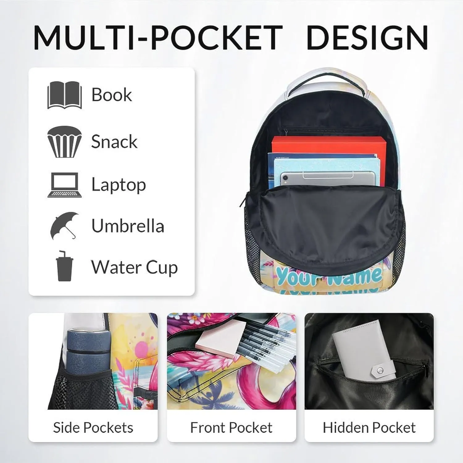 Custom Kid Backpack with Lunch Bag Set for Girls - 3 in 1 Primary Middle School Backpacks Matching Combo - Large Capacity, Durable, Colorful Flamingo Bookbag and Pencil Case Bundle