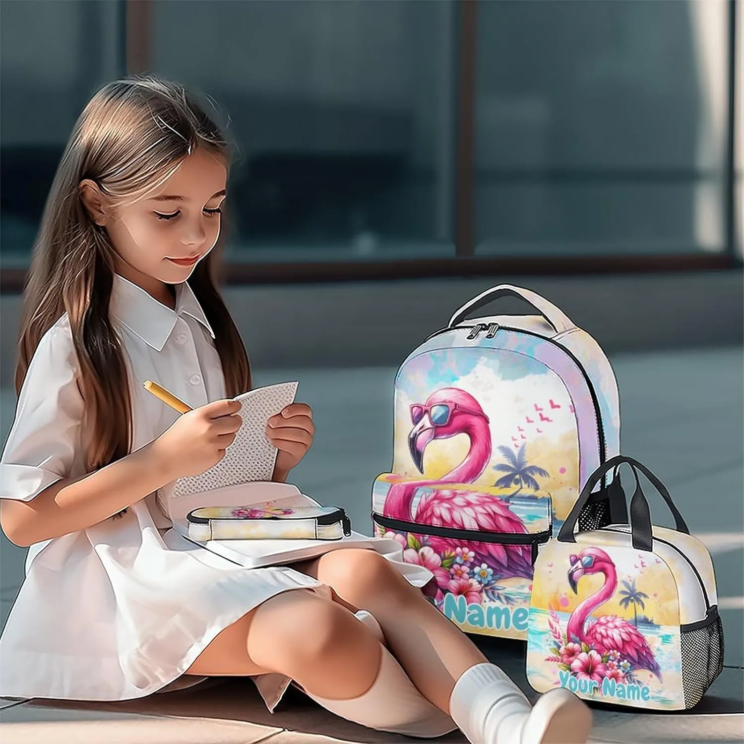 Custom Kid Backpack with Lunch Bag Set for Girls - 3 in 1 Primary Middle School Backpacks Matching Combo - Large Capacity, Durable, Colorful Flamingo Bookbag and Pencil Case Bundle