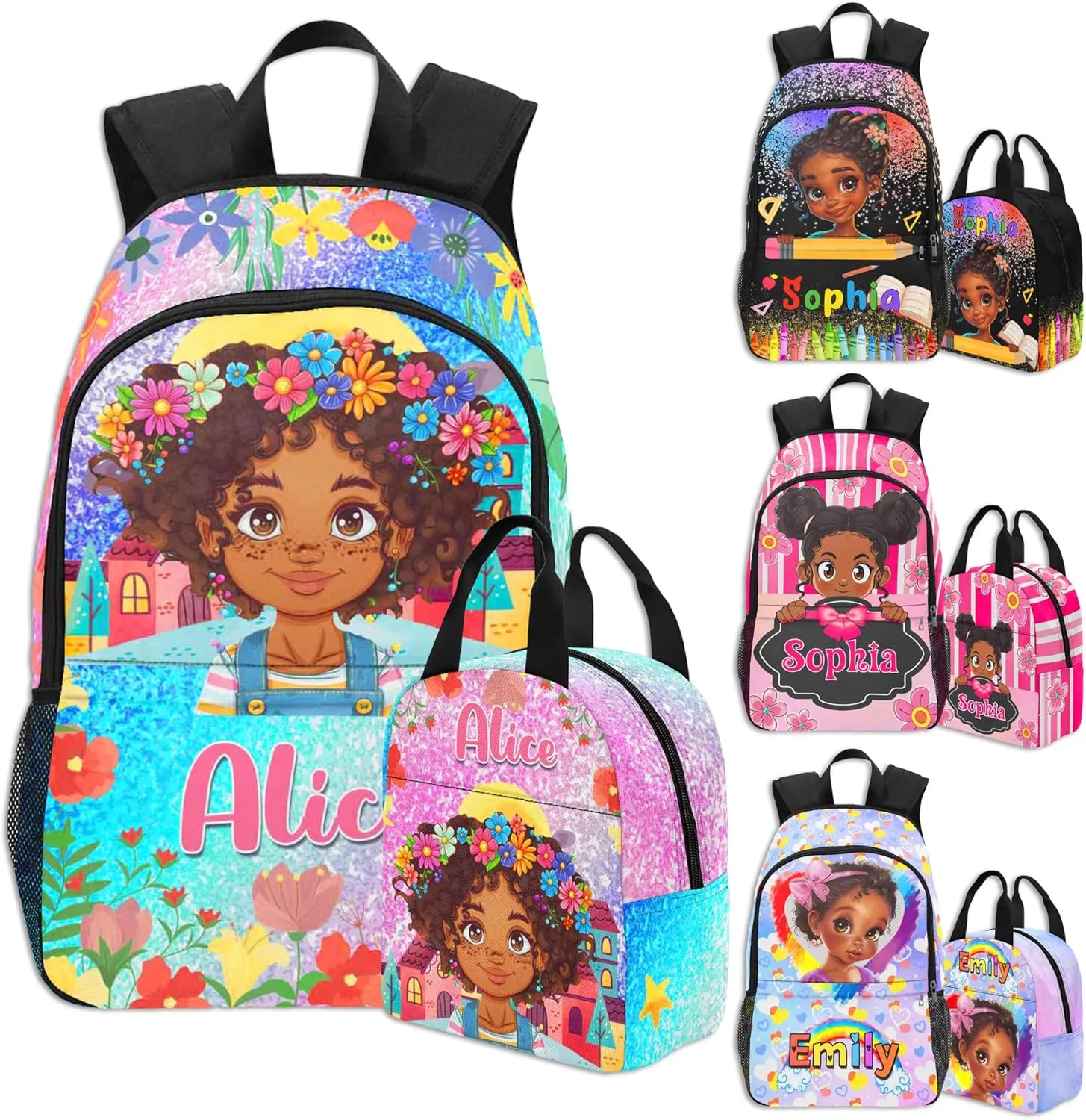 Custom Kids Backpack & Lunch Box Set Personalized Name School Bags Bookbag Lunch Bag Back to School Gift for Boy Girl (Design 08)