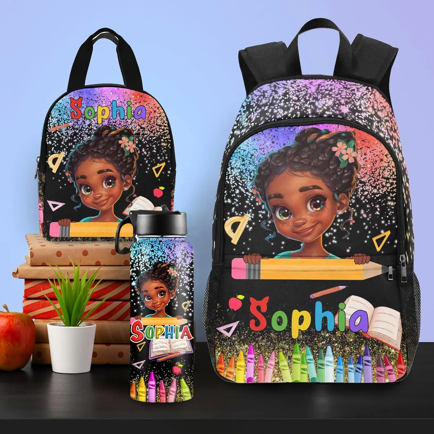 Custom Kids Backpack & Lunch Box Set Personalized Name School Bags Bookbag Lunch Bag Back to School Gift for Boy Girl (Design 08)