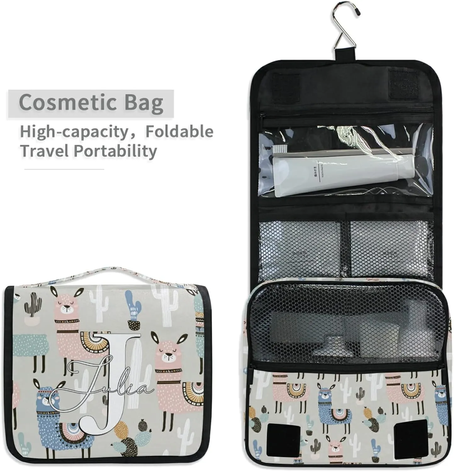 Custom Llama Cactus Travel Hanging Toiletry Bag Personalized Makeup Large Customized Cosmetic Bag Makeup Bag Organizer Waterproof for Women Girls Beauty