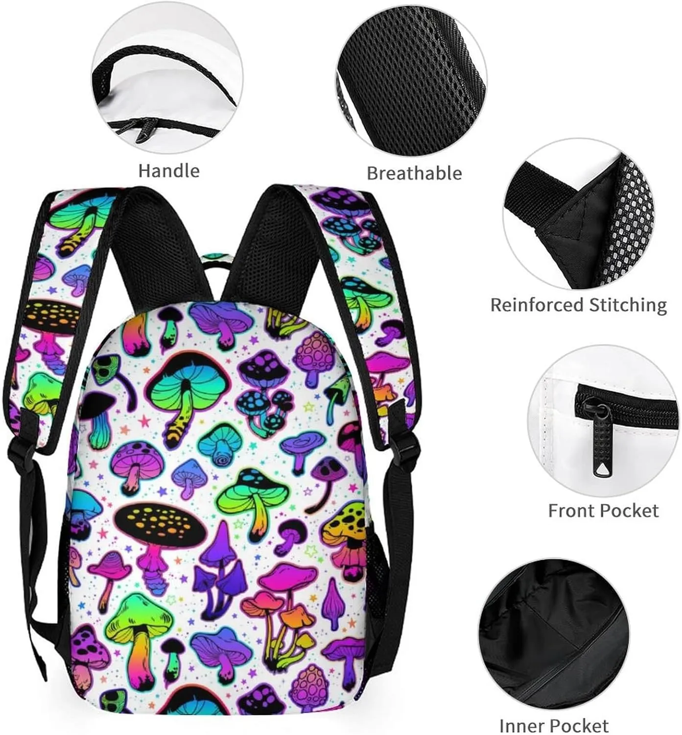 Custom Mushroom Backpack for Kids Girls Boys School, 16 Inches Cute Mushroom Theme Bookbag, Adjustable, Lightweight, Large Capacity, Colorful Mushroom Backpack for School