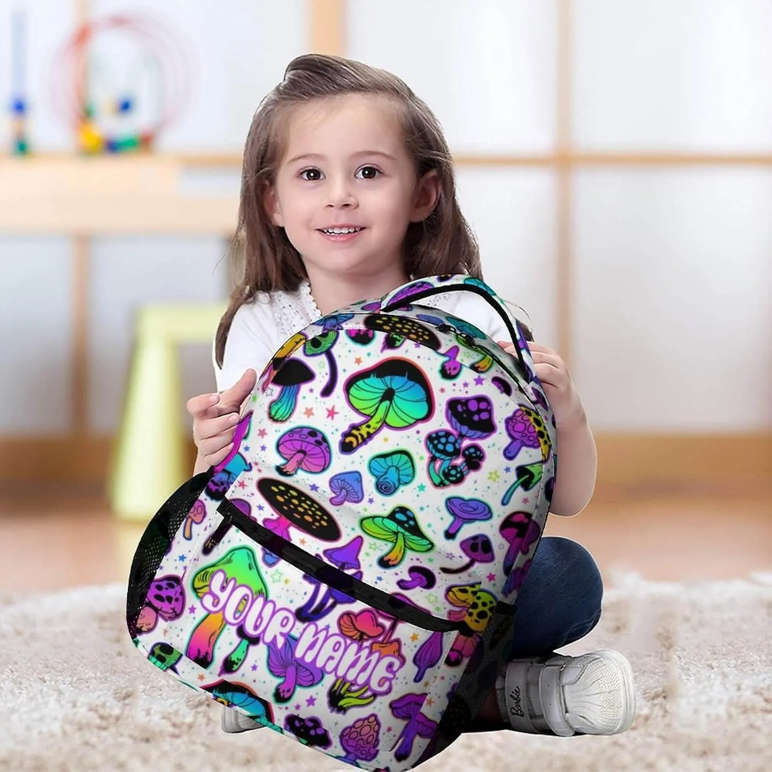 Custom Mushroom Backpack for Kids Girls Boys School, 16 Inches Cute Mushroom Theme Bookbag, Adjustable, Lightweight, Large Capacity, Colorful Mushroom Backpack for School