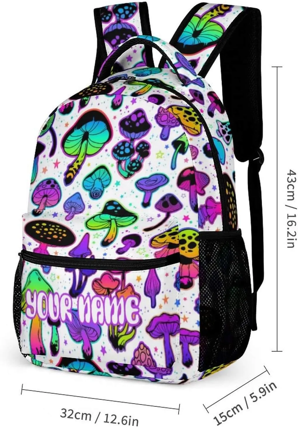Custom Mushroom Backpack for Kids Girls Boys School, 16 Inches Cute Mushroom Theme Bookbag, Adjustable, Lightweight, Large Capacity, Colorful Mushroom Backpack for School