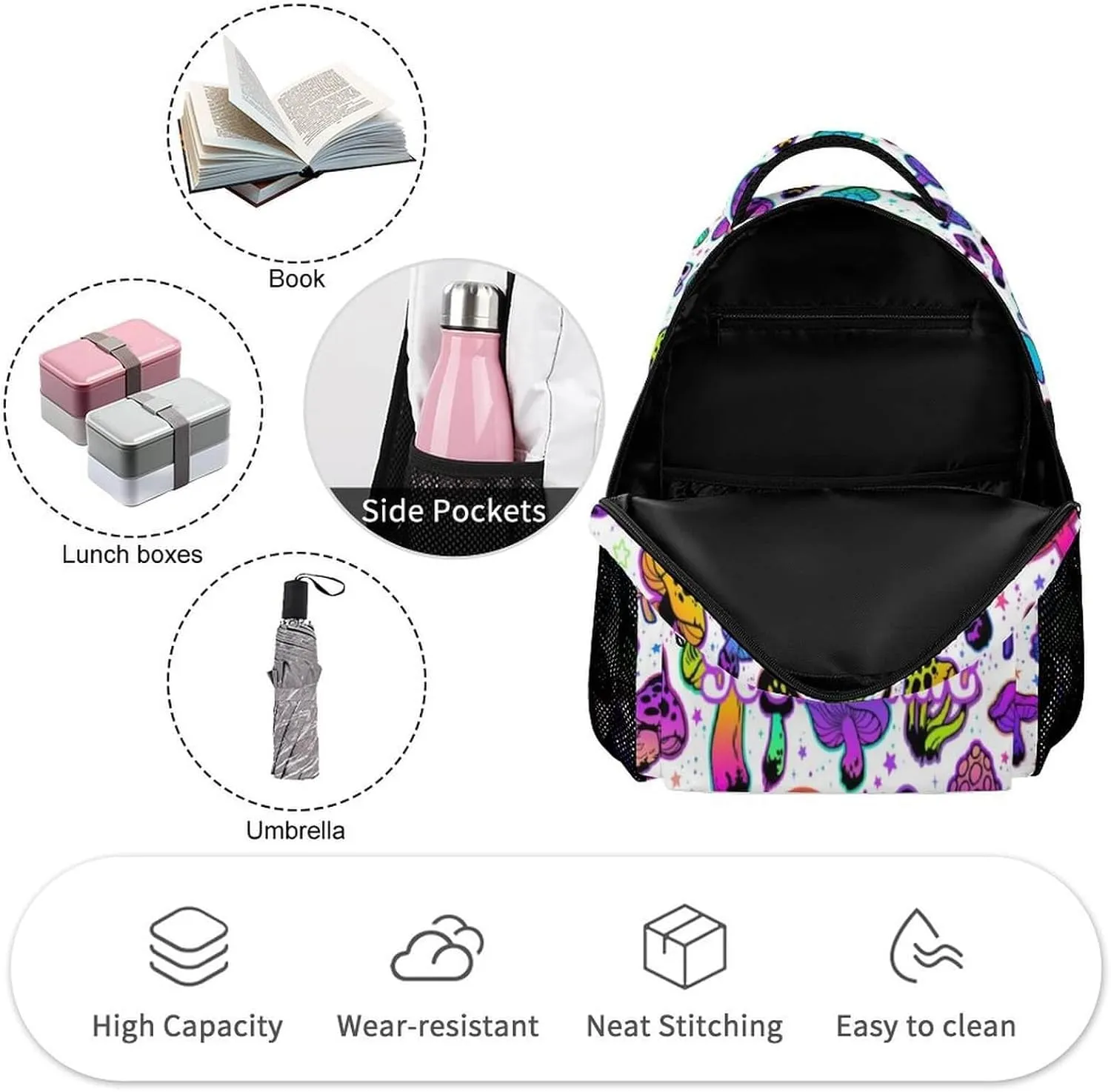 Custom Mushroom Backpack for Kids Girls Boys School, 16 Inches Cute Mushroom Theme Bookbag, Adjustable, Lightweight, Large Capacity, Colorful Mushroom Backpack for School
