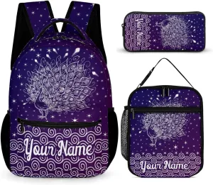 Custom Peacock Backpack with Lunch Box & Pencil Case, 16 Inch Cute Peacocks Themed Bookbag, Adjustable Lightweight Large Capacity, Colorful Daily Casual Purple Backpacks Set with Lunch Bag