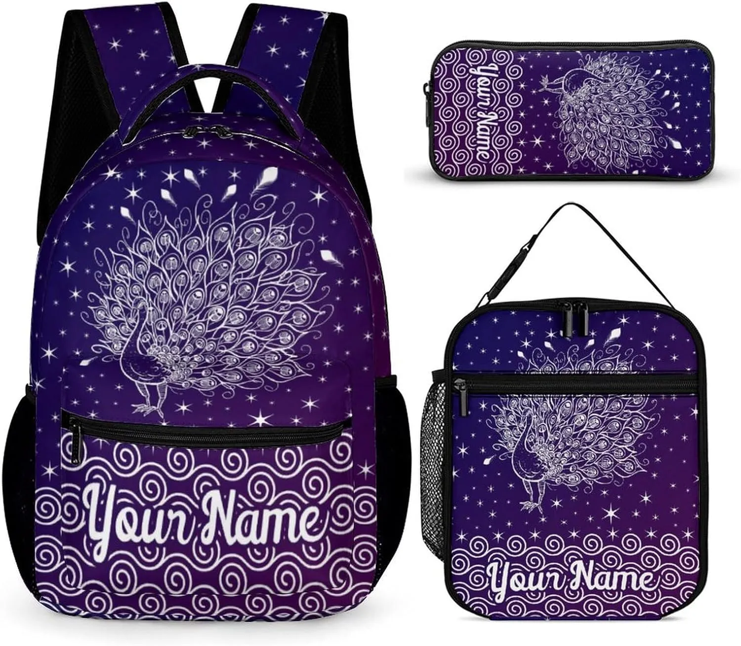Custom Peacock Backpack with Lunch Box & Pencil Case, 16 Inch Cute Peacocks Themed Bookbag, Adjustable Lightweight Large Capacity, Colorful Daily Casual Purple Backpacks Set with Lunch Bag