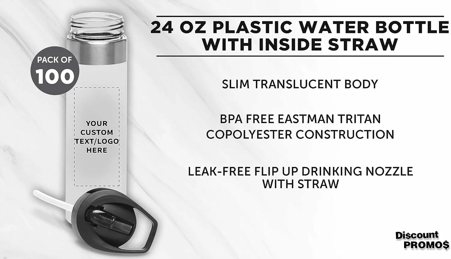 Custom Plastic Water Bottle 24 oz with Inside Straw - 100 Pack - Personalized Text - BPA Free, Screw-On Cap Flip Nozzle Mechanism - Slim Translucent Body - Eastman Tritan Copolyester - Clear