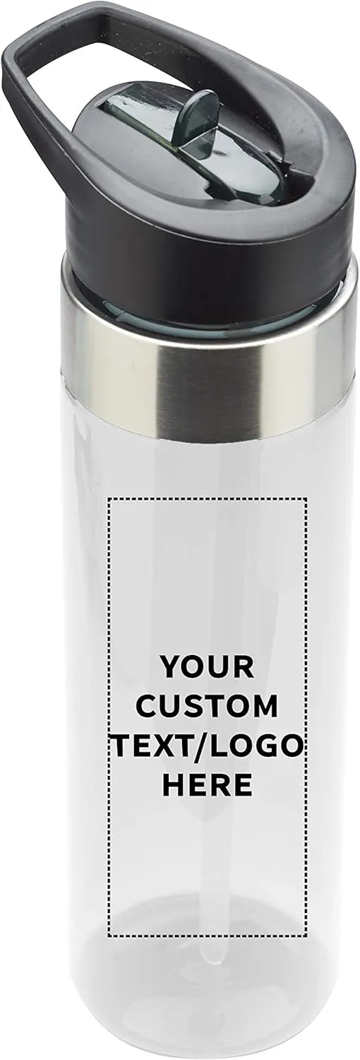 Custom Plastic Water Bottle 24 oz with Inside Straw - 100 Pack - Personalized Text - BPA Free, Screw-On Cap Flip Nozzle Mechanism - Slim Translucent Body - Eastman Tritan Copolyester - Clear