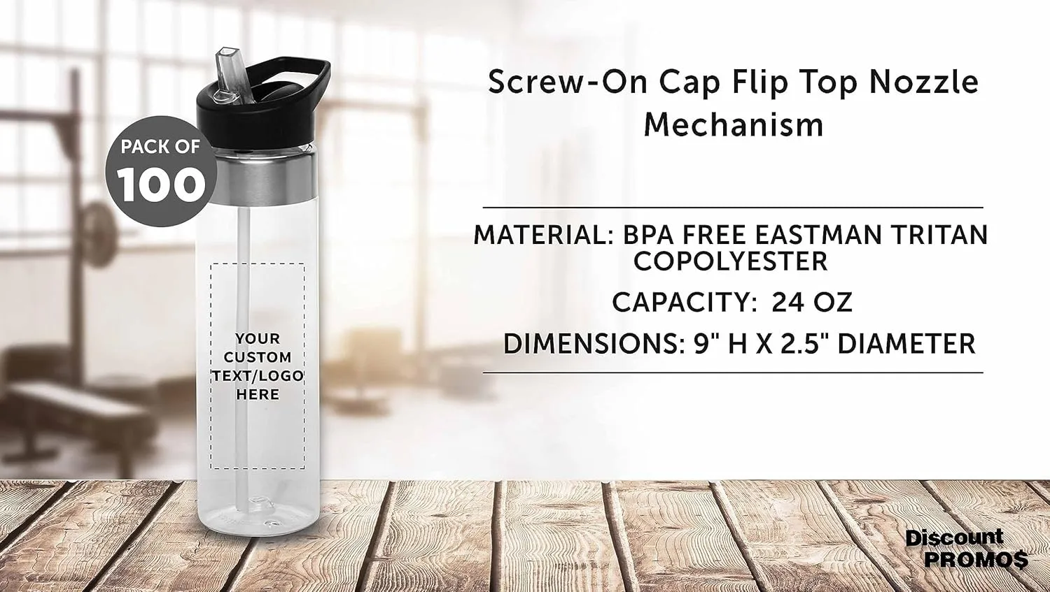Custom Plastic Water Bottle 24 oz with Inside Straw - 100 Pack - Personalized Text - BPA Free, Screw-On Cap Flip Nozzle Mechanism - Slim Translucent Body - Eastman Tritan Copolyester - Clear