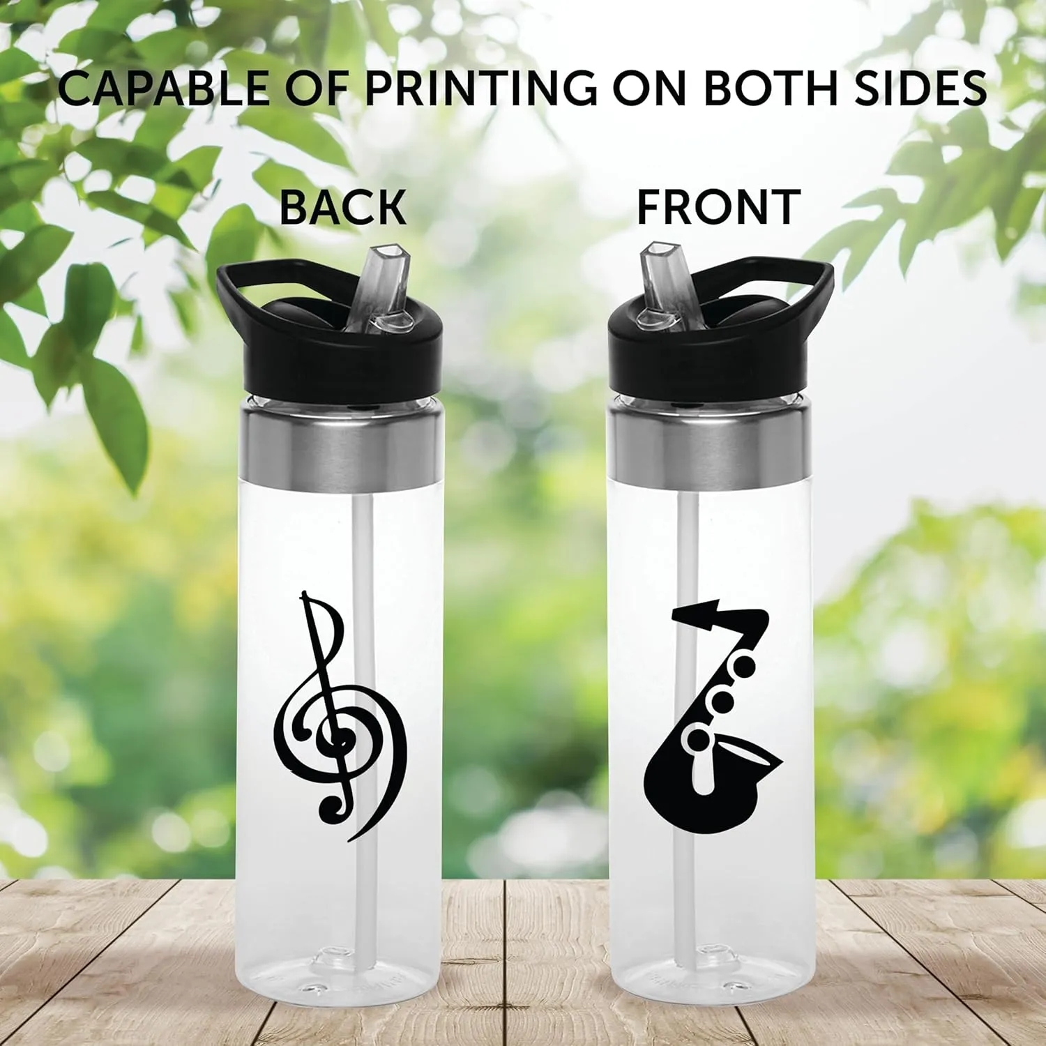 Custom Plastic Water Bottle 24 oz with Inside Straw - 100 Pack - Personalized Text - BPA Free, Screw-On Cap Flip Nozzle Mechanism - Slim Translucent Body - Eastman Tritan Copolyester - Clear