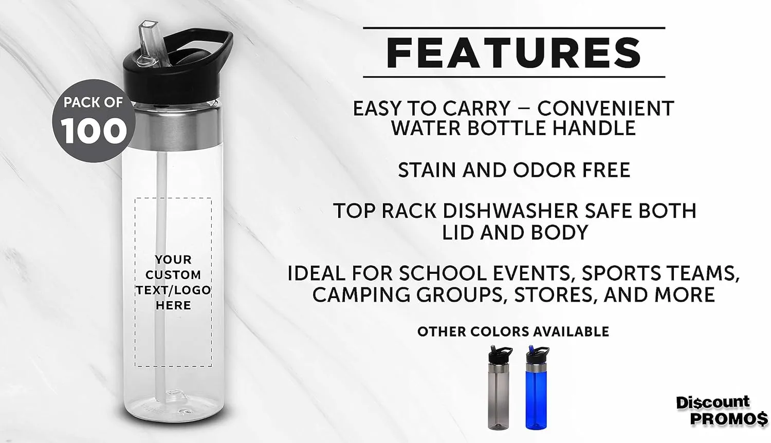 Custom Plastic Water Bottle 24 oz with Inside Straw - 100 Pack - Personalized Text - BPA Free, Screw-On Cap Flip Nozzle Mechanism - Slim Translucent Body - Eastman Tritan Copolyester - Clear