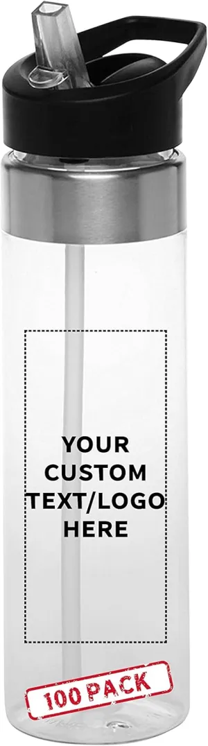 Custom Plastic Water Bottle 24 oz with Inside Straw - 100 Pack - Personalized Text - BPA Free, Screw-On Cap Flip Nozzle Mechanism - Slim Translucent Body - Eastman Tritan Copolyester - Clear