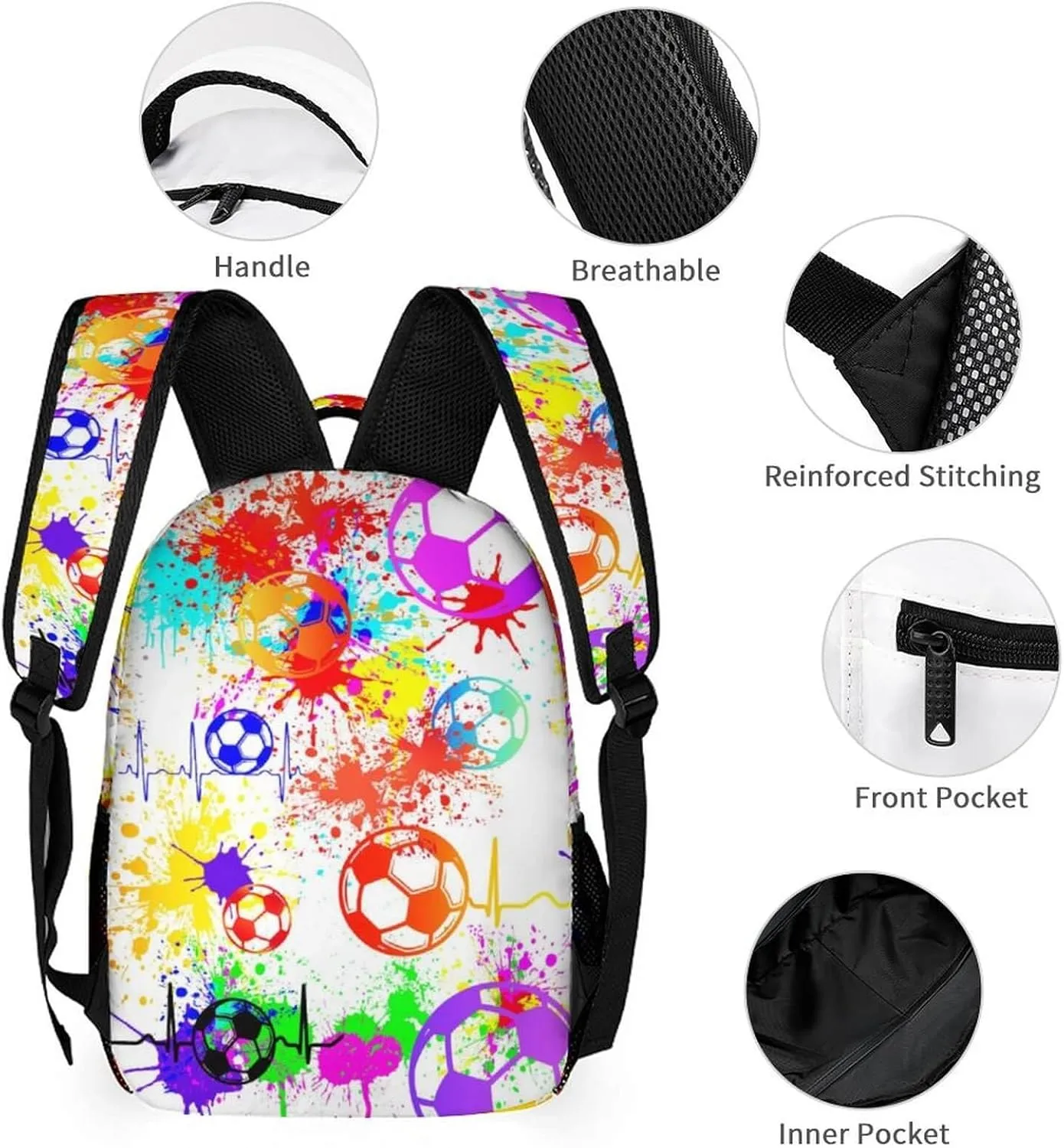 Custom Soccer Backpack with Lunch Box & Pencil Case, 16 Inch Cool Soccer Themed Bookbag, Adjustable Lightweight Large Capacity, Colorful Soccer Backpack Set for Kids Girls Boys School