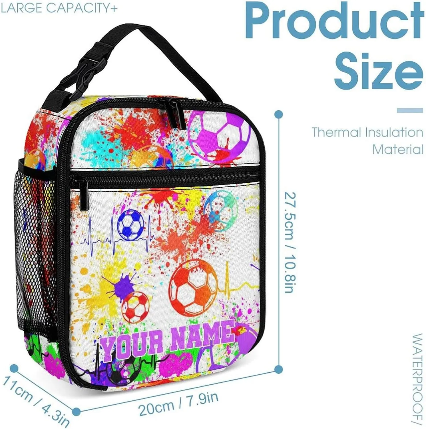 Custom Soccer Backpack with Lunch Box & Pencil Case, 16 Inch Cool Soccer Themed Bookbag, Adjustable Lightweight Large Capacity, Colorful Soccer Backpack Set for Kids Girls Boys School